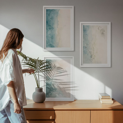 Conjunto de 3 quadros com moldura Minimalismo em tela aquarela