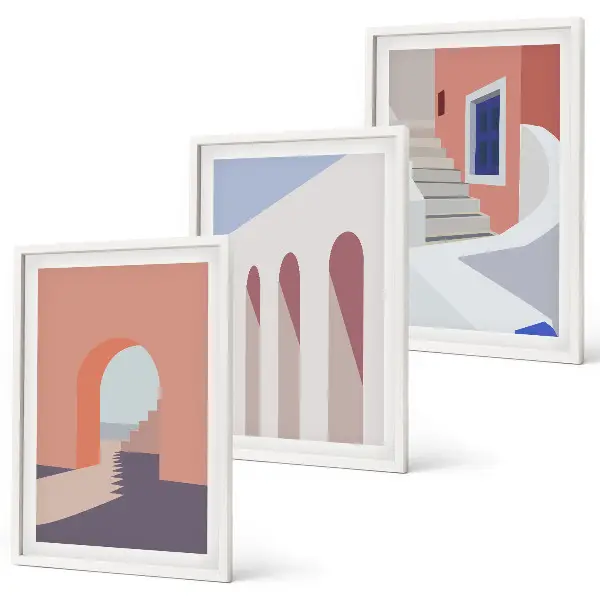 Conjunto de quadros para sala de estar com ilustrações arquitetônicas minimalistas