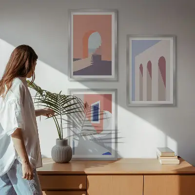 Conjunto de quadros para sala de estar com ilustrações arquitetônicas minimalistas