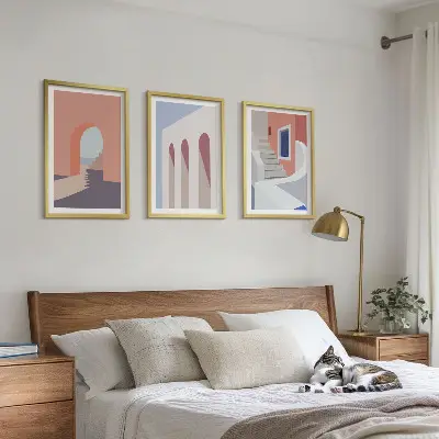 Conjunto de quadros para sala de estar com ilustrações arquitetônicas minimalistas