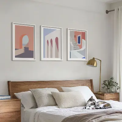 Conjunto de quadros para sala de estar com ilustrações arquitetônicas minimalistas