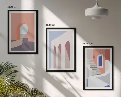 Conjunto de quadros para sala de estar com ilustrações arquitetônicas minimalistas
