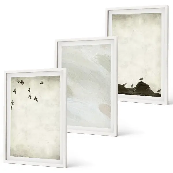 Composição de quadros moderna com pinceladas de pássaros e pedras