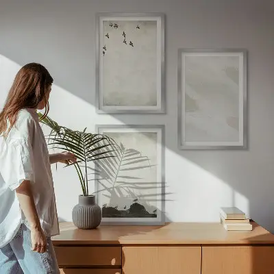Composição de quadros moderna com pinceladas de pássaros e pedras