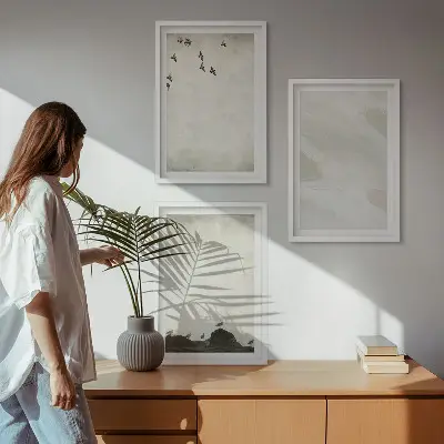 Composição de quadros moderna com pinceladas de pássaros e pedras