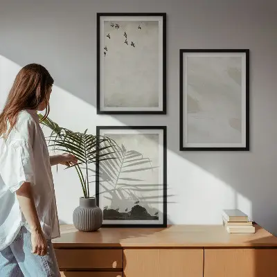 Composição de quadros moderna com pinceladas de pássaros e pedras
