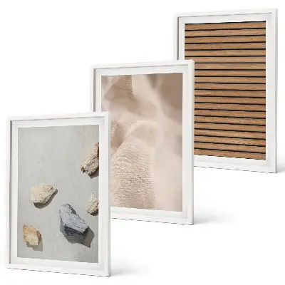 Composição de quadros moderna com texturas de pedra, madeira e tecido