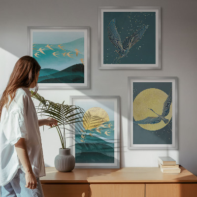 Políptico com moldura Paisagens elegantes com pássaros
