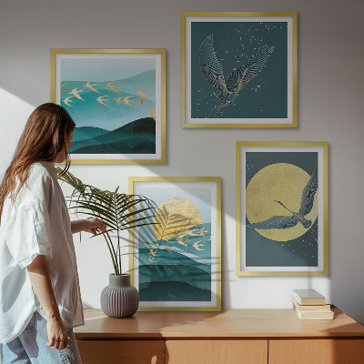 Políptico com moldura Paisagens elegantes com pássaros