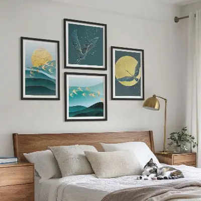 Paisagens elegantes com pássaros políptico com moldura