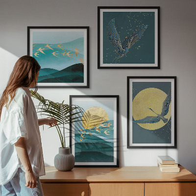 Políptico com moldura Paisagens elegantes com pássaros