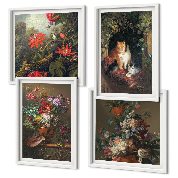 Conjunto de 4 quadros com moldura plantas vintage com flores e gatos