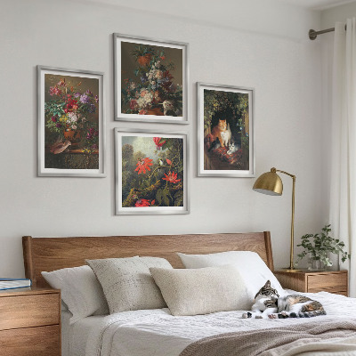 Conjunto de 4 quadros com moldura plantas vintage com flores e gatos