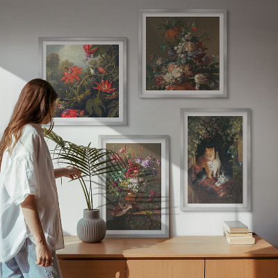Conjunto de 4 quadros com moldura plantas vintage com flores e gatos