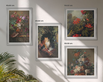 Conjunto de 4 quadros com moldura plantas vintage com flores e gatos