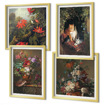 Conjunto de 4 quadros com moldura plantas vintage com flores e gatos