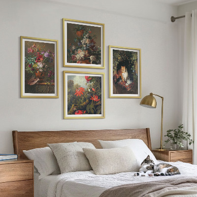 Conjunto de 4 quadros com moldura plantas vintage com flores e gatos