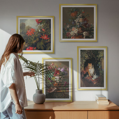Conjunto de 4 quadros com moldura plantas vintage com flores e gatos