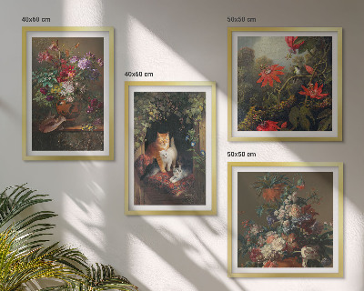 Conjunto de 4 quadros com moldura plantas vintage com flores e gatos