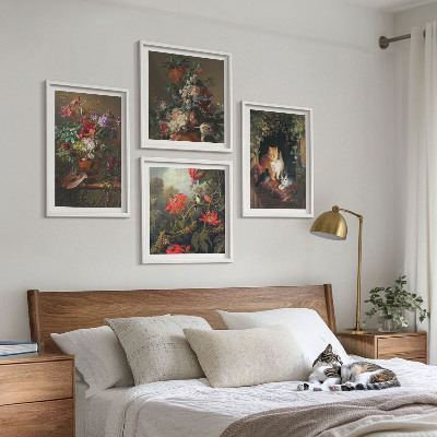 Conjunto de 4 quadros com moldura plantas vintage com flores e gatos