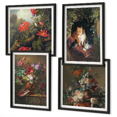 Conjunto de 4 quadros com moldura plantas vintage com flores e gatos