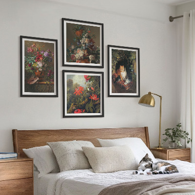 Conjunto de 4 quadros com moldura plantas vintage com flores e gatos