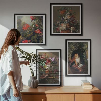 Conjunto de 4 quadros com moldura plantas vintage com flores e gatos