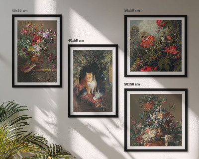 Conjunto de 4 quadros com moldura plantas vintage com flores e gatos