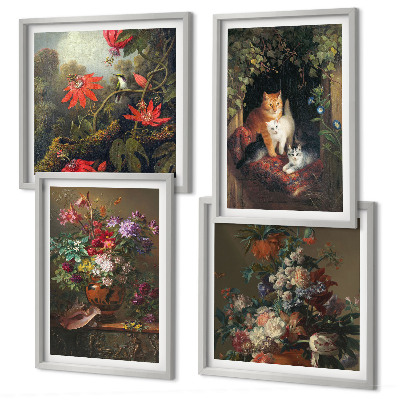 Conjunto de 4 quadros com moldura plantas vintage com flores e gatos