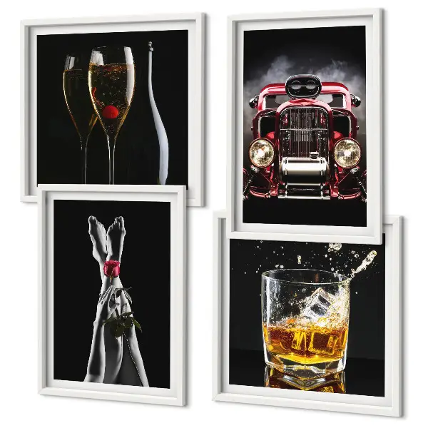 Composição de quadros com pernas de mulher, tom rosa e carro vinho