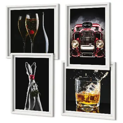 Composição de quadros com pernas de mulher, tom rosa e carro vinho