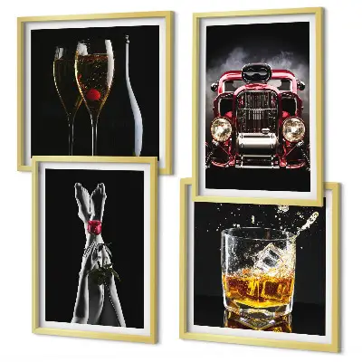 Composição de quadros com pernas de mulher, tom rosa e carro vinho