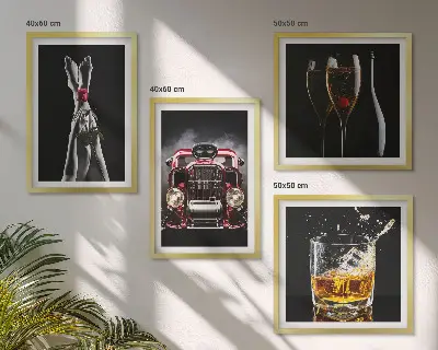 Composição de quadros com pernas de mulher, tom rosa e carro vinho