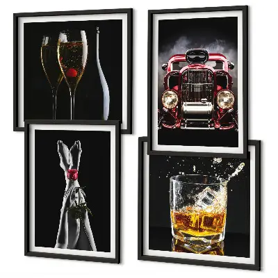 Composição de quadros com pernas de mulher, tom rosa e carro vinho