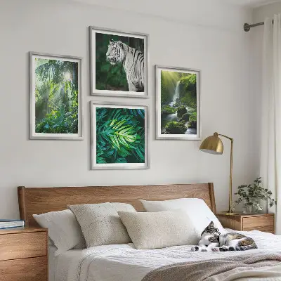 Conjunto de 4 quadros com moldura estampa de cachoeira do tigre branco na selva