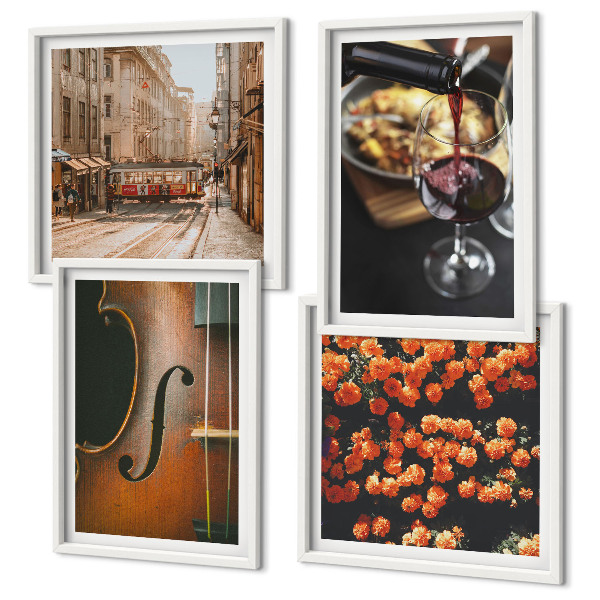 Políptico com moldura Flores vintage, vinho de rua, violino