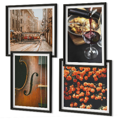 Políptico com moldura Flores vintage, vinho de rua, violino