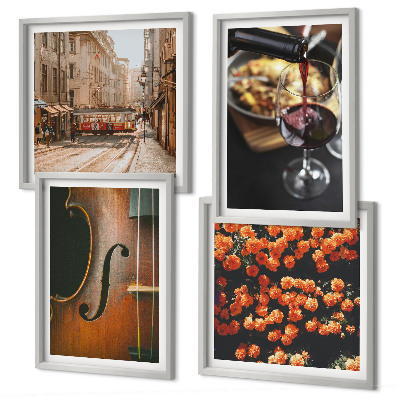 Políptico com moldura Flores vintage, vinho de rua, violino