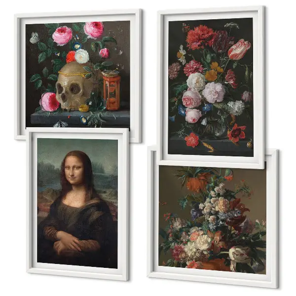 Conjunto de 4 quadros com moldura estampa de caveira com flores vintage e mona lisa