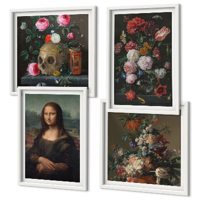 Conjunto de 4 quadros com moldura Caveira com flores vintage e Mona Lisa