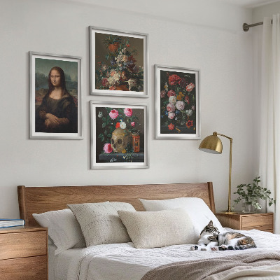 Conjunto de 4 quadros com moldura Caveira com flores vintage e Mona Lisa