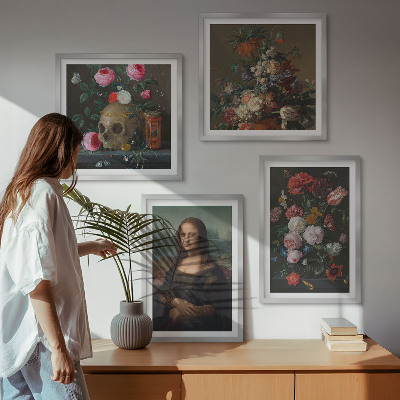Conjunto de 4 quadros com moldura Caveira com flores vintage e Mona Lisa