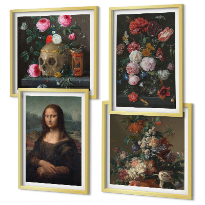 Conjunto de 4 quadros com moldura Caveira com flores vintage e Mona Lisa
