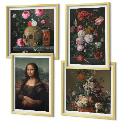 Conjunto de 4 quadros com moldura estampa de caveira com flores vintage e mona lisa