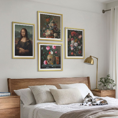 Conjunto de 4 quadros com moldura Caveira com flores vintage e Mona Lisa