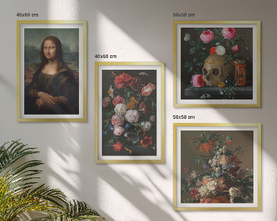 Conjunto de 4 quadros com moldura Caveira com flores vintage e Mona Lisa