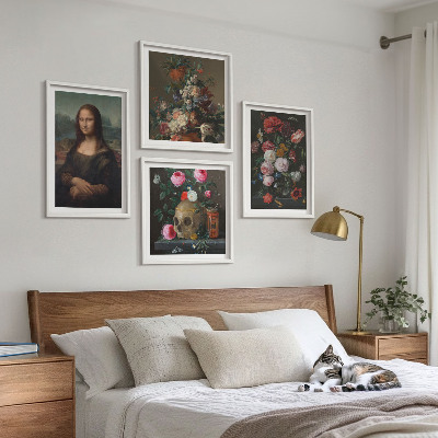 Conjunto de 4 quadros com moldura Caveira com flores vintage e Mona Lisa