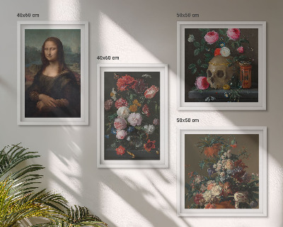 Conjunto de 4 quadros com moldura Caveira com flores vintage e Mona Lisa
