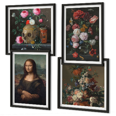 Conjunto de 4 quadros com moldura Caveira com flores vintage e Mona Lisa