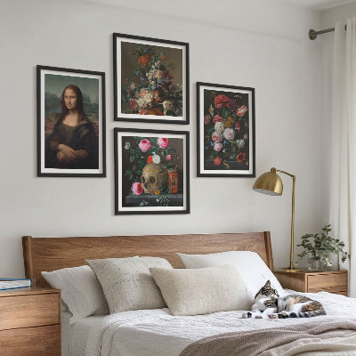 Conjunto de 4 quadros com moldura Caveira com flores vintage e Mona Lisa